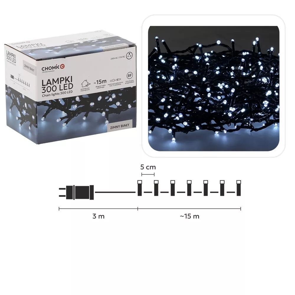 Kalėdinės LED girliandos , 300 LED, šaltai balta šviesa, 15 m