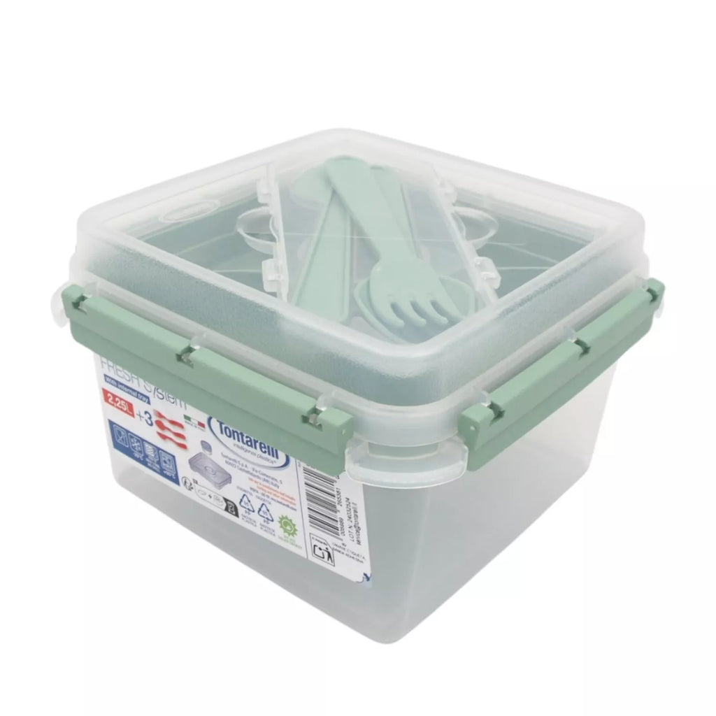 Kvadratinė maisto dėžutė su įrankiais ir vidiniu skyriumi (2,25 l)