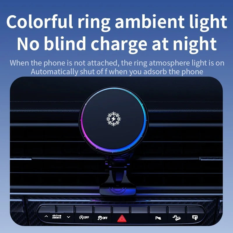 Magnetinis automobilio įkroviklis su aušinimu ir RGB LED šviesomis – 30W greitas įkrovimas jūsų iPhone