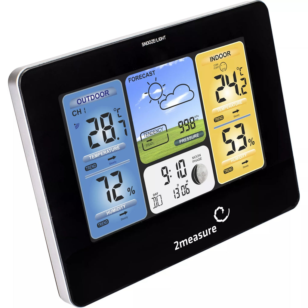 Meteorologinė stotis RCC – Elektroninė, bevielė, jutiklinė, juoda